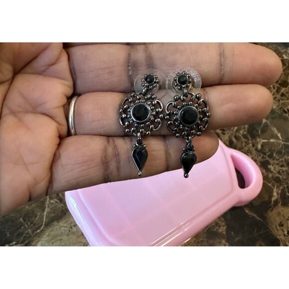 Swarovski Black Crystal Drop Earrings With Intricate SilverTone Filigree Design - Picture 7 of 7